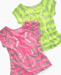 Take a second look. She'll stand out in the summer sun in this bright and breezy neon striped tee from Sugar Tart. Take a second look. She'll stand out in the summer sun in this bright and breezy neon striped tee from Sugar Tart.