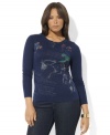 A faded equestrian print with romantic script adorns the front of Lauren Ralph Lauren's essential long-sleeved plus size tee for a chic, timeworn look