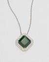 A rich emerald-colored faceted square of cubic zirconia is framed by shimmering pavé crystals in this lovely design on a silvery chain.Crystal and cubic zirconiaRhodium platingChain length, about 16Pendant, about ½ squareLobster claspImported