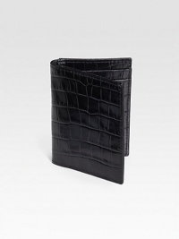 A mini-wallet that offers multiple functions, including four slots to hold cash and cards, plus a window for presentation of your subway/train pass. Ideal for the business exec or frequent commuter. Handmade in croco-embossed calfskin leather 3W X 4¼H Imported A mini-wallet that offers multiple functions, including four slots to hold cash and cards, plus a window for presentation of your subway/train pass. Ideal for the business exec or frequent commuter. Handmade in croco-embossed calfskin leather 3W X 4¼H Imported