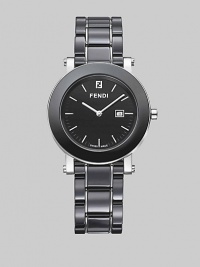 Polished stainless steel case timepiece with highly scratch resistant ceramic layer in classic round style. Swiss movement Water-resistant to 5 ATM Round case, 38mm (1½) Scratch resistant ceramic bezel Sapphire crystal Markers Date display at 3 o'clock Link bracelet, 18mm, (¾) Push-button deployant buckle Made in Switzerland Polished stainless steel case timepiece with highly scratch resistant ceramic layer in classic round style. Swiss movement Water-resistant to 5 ATM Round case, 38mm (1½) Scratch resistant ceramic bezel Sapphire crystal Markers Date display at 3 o'clock Link bracelet, 18mm, (¾) Push-button deployant buckle Made in Switzerland