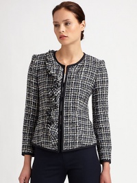 Contrast piping and an asymmetrical drape lend an edge to this classic tweed silhouette.Jewel necklineAsymmetrical ruffled front drapeContrast pipingFully linedAbout 22 from shoulder to hem95% metallic thread/5% polyesterDry cleanImportedModel shown is 5'10½ (177cm) wearing US size 4. Contrast piping and an asymmetrical drape lend an edge to this classic tweed silhouette.Jewel necklineAsymmetrical ruffled front drapeContrast pipingFully linedAbout 22 from shoulder to hem95% metallic thread/5% polyesterDry cleanImportedModel shown is 5'10½ (177cm) wearing US size 4.