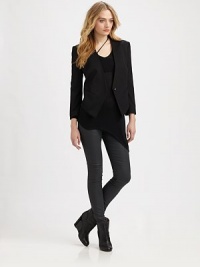 An updated tux silhouette, cropped and contoured with a sleek V neckline.Defined shouldersThree-quarter sleevesSingle-button closureWelt pocketsHem longer in frontAbout 25 from shoulder to hem98% wool/2% LycraDry cleanMade in USA of Italian fabricModel shown is 5'9½ (176cm) wearing US size 4.OUR FIT MODEL RECOMMENDS ordering true size. An updated tux silhouette, cropped and contoured with a sleek V neckline.Defined shouldersThree-quarter sleevesSingle-button closureWelt pocketsHem longer in frontAbout 25 from shoulder to hem98% wool/2% LycraDry cleanMade in USA of Italian fabricModel shown is 5'9½ (176cm) wearing US size 4.OUR FIT MODEL RECOMMENDS ordering true size.
