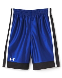 Under Armour gets in the game with this breathable, high-performance short rendered in classic style with contrast side panels, stripes and logo detail at the hem. Under Armour gets in the game with this breathable, high-performance short rendered in classic style with contrast side panels, stripes and logo detail at the hem.