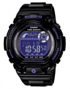Neon attitude runs deep with this BLX series Baby-G watch. Crafted of black resin strap and round case with blue accents. Shock-resistant black negative digital display dial features tide graph, EL backlight with afterglow, day and date feature, world time, 2 multifunction alarms, snooze, 1/100 second stopwatch, countdown timer, 12/24 hour formats, full automatic calendar and mute function. Quartz movement. Water resistant to 200 meters. One-year limited warranty.