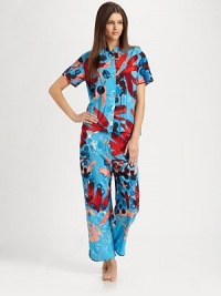 Rich crimsons and oceanic hues define the bold print on this beautiful Asian-inspired set. Mandarin collarButton-and-loop closuresShort sleevesElastic waistband with drawstringInseam, about 26PolyesterMachine washImported Rich crimsons and oceanic hues define the bold print on this beautiful Asian-inspired set. Mandarin collarButton-and-loop closuresShort sleevesElastic waistband with drawstringInseam, about 26PolyesterMachine washImported