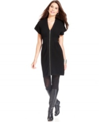 A ribbed texture, flutter sleeves and exposed zipper give this Alfani dress polished appeal. A ribbed texture, flutter sleeves and exposed zipper give this Alfani dress polished appeal.