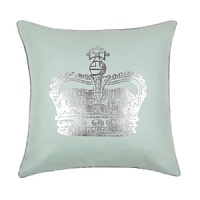 Mint-hued linen pillow presents a foil-print crown on its face with silver-piped edge seams. Pillow reverses to solid mint linen. Also available in neutral, cream-colored canvas. Mint-hued linen pillow presents a foil-print crown on its face with silver-piped edge seams. Pillow reverses to solid mint linen. Also available in neutral, cream-colored canvas.