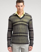 Perfect for layering, this luxurious lightweight v-neck pullover is multi-striped for sheer greatness.V-neck66% cotton/34% viscoseDry cleanImported of Italian fabric