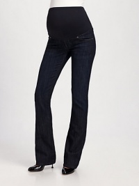 Classic bootleg silhouette in a dark rinse that will dress up any outfit.THE FITExpandable elastic belly panel Mid rise Straight leg Inseam, about 32½THE DETAILSFour-pocket style 85% cotton/12% polyester/3% spandex Machine wash Made in USA of imported fabric Classic bootleg silhouette in a dark rinse that will dress up any outfit.THE FITExpandable elastic belly panel Mid rise Straight leg Inseam, about 32½THE DETAILSFour-pocket style 85% cotton/12% polyester/3% spandex Machine wash Made in USA of imported fabric