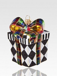 Harlequin diamonds shimmer and shine in this glittering package of mouth-blown, hand-painted glass, all tied up with a bright tartan bow.Glass3.5H X 2.5 squareImported Please note: Due to their handmade nature, ornaments may vary slightly. Harlequin diamonds shimmer and shine in this glittering package of mouth-blown, hand-painted glass, all tied up with a bright tartan bow.Glass3.5H X 2.5 squareImported Please note: Due to their handmade nature, ornaments may vary slightly.
