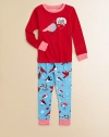 Cozy PJs with a little pun on the front, in soft cotton knit with tweet birdie appliqués on top and birdie-print bottoms.Ribbed contrast crewneckLong sleeves with contrast ribbed cuffsElastic-waist bottoms with contrast ribbed cuffsCottonMachine washImported