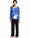 Hue Sleepwear Women's Double Face Jer Bear Pajama Set, Blue, Medium