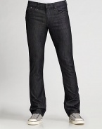 Saturated, dark-wash denim is designed with a slim fit through the waist and relaxed, straight legs. Five-pocket style Zip fly Inseam, 33/34 Cotton/elastene; machine wash Imported