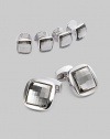 A luxury set that appoints a formal look with polished style, defined by Swarovski crystal detail in rhodium-plated metal. Set includes 2 cuff links and 4 matching shirt studs Cuff links: about ¾ square Shirt studs: about ¼ square Imported 
