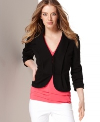 INC's petite jacket has a flattering cropped fit and ruched three-quarter sleeves--a totally feminine, figure-highlighting spin on the traditional blazer. INC's petite jacket has a flattering cropped fit and ruched three-quarter sleeves--a totally feminine, figure-highlighting spin on the traditional blazer.