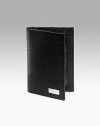 Stamped calfskin credit card holder has two card slots and one ID window. 3W X 4¼H Made in Italy