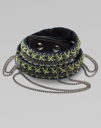 An edgy, street-smart design with oxidized links brightly stitched onto a double-wrap leather cuff with draped chains and a bold stud closure.LeatherGoldtoneCotton backingLength, about 16½Width, about 3Stud snap closureImported