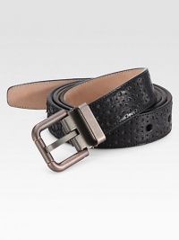 A beautifully crafted accent in perforated leather with a tarnished nickel buckle. Nickel buckleAbout 1¼ wideMade in Italy A beautifully crafted accent in perforated leather with a tarnished nickel buckle. Nickel buckleAbout 1¼ wideMade in Italy