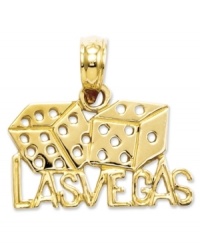 C'mon lucky snake eyes! This cut-out charm features two rolling dice and the words Las Vegas. Crafted in 14k gold. Chain not included. Approximate length: 1/2 inch. Approximate width: 6/10 inch. C'mon lucky snake eyes! This cut-out charm features two rolling dice and the words Las Vegas. Crafted in 14k gold. Chain not included. Approximate length: 1/2 inch. Approximate width: 6/10 inch.