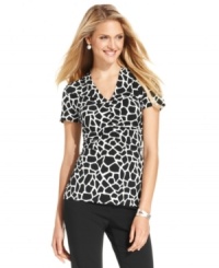 Alfani's printed top easily puts the polish on your ensemble with a vibrant print and a fitted, ruched silhouette. The price is just as appealing! Alfani's printed top easily puts the polish on your ensemble with a vibrant print and a fitted, ruched silhouette. The price is just as appealing!