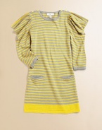 Chic puffed shoulders adorn this bright knit dress, complete with patch pockets and contrasting shoulder buttons.CrewneckLong puffed sleevesShoulder buttonsRib-knit crewneck, cuffs and hemTwo front patch pockets55% cotton/45% linenMachine washImported