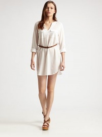 Cinched by a detachable leather belt, this fluid cotton v-neck has three-quarter roll-tab sleeves, front flap pockets and a hi-low hem. V-neckThree-quarter roll-tab sleevesFront flap pocketsDetachable leather beltHi-low hemFully linedAbout 15 from natural waistCottonHand washImportedModel shown is 5'10 (177cm) wearing US size Small. Cinched by a detachable leather belt, this fluid cotton v-neck has three-quarter roll-tab sleeves, front flap pockets and a hi-low hem. V-neckThree-quarter roll-tab sleevesFront flap pocketsDetachable leather beltHi-low hemFully linedAbout 15 from natural waistCottonHand washImportedModel shown is 5'10 (177cm) wearing US size Small.