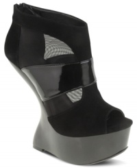 Between the suede upper, the mesh-covered cutouts, the patent strip across the vamp and the heelless silhouette you'll be in shoe heaven when you wear Chinese Laundry's Cover Up platform wedge shooties. Between the suede upper, the mesh-covered cutouts, the patent strip across the vamp and the heelless silhouette you'll be in shoe heaven when you wear Chinese Laundry's Cover Up platform wedge shooties.