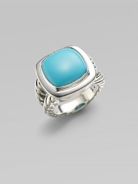 From the Albion Collection. A brilliantly colored cushion of turquoise sits within a smooth setting and split cable band of sterling silver. Turquoise Sterling silver About ¾ square Made in USA From the Albion Collection. A brilliantly colored cushion of turquoise sits within a smooth setting and split cable band of sterling silver. Turquoise Sterling silver About ¾ square Made in USA