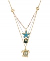 Turtle power. This Betsey Johnson three-row pendant necklace is detailed with gold tone turtle with crystal accents, turquoise starfish, blue oyster with glass pearl accent, gold tone bows and sparkling crystal accents. Three chains crafted in gold tone mixed metal, silver tone mixed metal and pink-colored crystal cups. Approximate length: 16 inches + 3-inch extender. Approximate drop: 3-3/4 inches.
