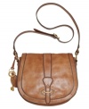 Grab hold of great style with this vintage-inspired flap bag from Fossil. A saddle silhouette, goldtone hardware and a signature key charm add the perfect finishing touches to this unique design.
