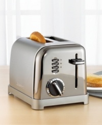 Toast your next breakfast using this sleek single-serving toaster, decked out in brilliant brushed stainless steel and classic chrome and black accents. Efficient in size, this appliance is perfect for compact kitchens. A 6-setting browning control and extra-lift carriage lever let you make toast just how you like it. Three-year warranty. Toast your next breakfast using this sleek single-serving toaster, decked out in brilliant brushed stainless steel and classic chrome and black accents. Efficient in size, this appliance is perfect for compact kitchens. A 6-setting browning control and extra-lift carriage lever let you make toast just how you like it. Three-year warranty.