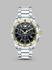 Sleek Swiss movement in a sporty stainless steel chronograph design.Swiss quartz movement Water resistant to 20 ATM Goldplated stainless steel bezel with minute markers Round stainless steel case, 40mm, (1.57) Sapphire crystal Black chronograph dial Index hour markers Date display at 4 o'clock Second hand Stainless steel link bracelet Deployment buckle Made in Switzerland Sleek Swiss movement in a sporty stainless steel chronograph design.Swiss quartz movement Water resistant to 20 ATM Goldplated stainless steel bezel with minute markers Round stainless steel case, 40mm, (1.57) Sapphire crystal Black chronograph dial Index hour markers Date display at 4 o'clock Second hand Stainless steel link bracelet Deployment buckle Made in Switzerland