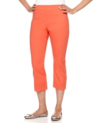 Channel classic style with these slim, cropped pants from Charter Club. A flat front and slimming tummy panel gives you a smooth silhouette - try them with a tunic! Channel classic style with these slim, cropped pants from Charter Club. A flat front and slimming tummy panel gives you a smooth silhouette - try them with a tunic!