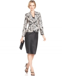 Le Suit mixes a printed jacket with classic shantung skirt for a unique look that's sure to make an elegant impression no matter the occasion. Le Suit mixes a printed jacket with classic shantung skirt for a unique look that's sure to make an elegant impression no matter the occasion.