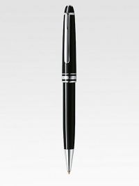 Ballpoint with twist mechanism at tip, with barrel and cap made of precious resin and floating logo emblem.BallpointPlatinum-plated clipResin with inlaid logo emblemAbout 5½ longMade in Germany