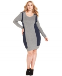 Streamline your shape with DKNY Jeans' long sleeve plus size dress, featuring a flattering colorblocked design. Streamline your shape with DKNY Jeans' long sleeve plus size dress, featuring a flattering colorblocked design.