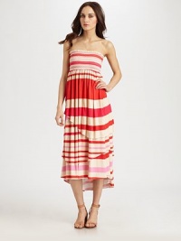 Boldly striped, strapless essential with a tiered hi-low hem can be folded down at the hips and worn as a maxi skirt. StraplessTiered hi-low hemAbout 30 from natural waist95% rayon/5% spandexMachine washMade in USAModel shown is 5'10 (177cm) wearing US size Small. Boldly striped, strapless essential with a tiered hi-low hem can be folded down at the hips and worn as a maxi skirt. StraplessTiered hi-low hemAbout 30 from natural waist95% rayon/5% spandexMachine washMade in USAModel shown is 5'10 (177cm) wearing US size Small.