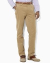 A classic dress pant is crafted from luxuriously smooth brushed twill for a casual look.
