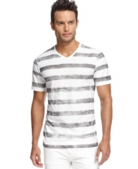 Vary your v-neck look with this striped t-shirt from Marc Ecko Cut & Sew. Vary your v-neck look with this striped t-shirt from Marc Ecko Cut & Sew.