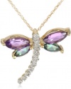 Yellow Gold Gemstone Diamond Dragonfly Pendant Necklace, 18