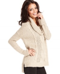 A high-low hem ups the edge on this Kensie cable-knit sweater for a look that's fashionably fall! A high-low hem ups the edge on this Kensie cable-knit sweater for a look that's fashionably fall!