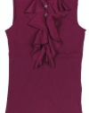 Lauren Ralph Lauren Women's Cotton Ruffled Sleeveless Henley Top (Winter Berry Pink)