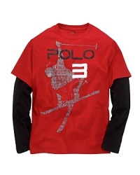 A long sleeved active tee features sporty graphics and a short-sleeved overlay for a cool, retro-inspired look. A long sleeved active tee features sporty graphics and a short-sleeved overlay for a cool, retro-inspired look.