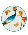 A fanciful nature scene unfolds with brilliant color on the durable white porcelain of Zrike's Lulu Byzantine dinner plates.