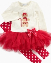 She'll look sugary sweet in this adorable gingerbread print tutu and polka dot leggings set by Bonnie Jean. She'll look sugary sweet in this adorable gingerbread print tutu and polka dot leggings set by Bonnie Jean.