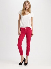 Get hip to vibrant stretch denim, sleek and skinny and cropped just above the ankle.THE FITSkinny fitRise, about 8Inseam, about 26THE DETAILSZip flyFive-pocket styleBack flap pockets98% cotton/2% elastaneMachine washMade in USA of imported fabricModel shown is 5'9 (176cm) wearing US size 4. Get hip to vibrant stretch denim, sleek and skinny and cropped just above the ankle.THE FITSkinny fitRise, about 8Inseam, about 26THE DETAILSZip flyFive-pocket styleBack flap pockets98% cotton/2% elastaneMachine washMade in USA of imported fabricModel shown is 5'9 (176cm) wearing US size 4.