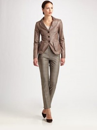 Supple leather, tailored in an unexpectedly traditional blazer silhouette and finished with allover exposed seaming.Notched lapelsButton frontSide slash pockets with visible, expandable detailAllover seamingButton cuffsBack ventFully linedAbout 23 from shoulder to hemLeatherDry cleanImportedModel shown is 5'10½ (177cm) wearing US size 4. Supple leather, tailored in an unexpectedly traditional blazer silhouette and finished with allover exposed seaming.Notched lapelsButton frontSide slash pockets with visible, expandable detailAllover seamingButton cuffsBack ventFully linedAbout 23 from shoulder to hemLeatherDry cleanImportedModel shown is 5'10½ (177cm) wearing US size 4.