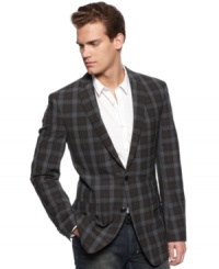 Preppy plaid gets a jolt of modern style with this slim-fit blazer from DKNY. Preppy plaid gets a jolt of modern style with this slim-fit blazer from DKNY.
