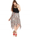 Punch up your style with ING's printed plus size skirt, punctuated by a handkerchief hem.